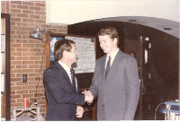 Then Congressman Bill Nelson (left) congratulating Frank Overstreet (right) in lobby of former engineering building on campus of University of Central Florida