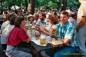 Frank Overstreet sitting at right with colleagues after work in a Munich beer garden Frank Overstreet and office colleagues Sitting in a Munich Biergarten